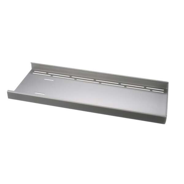 A grey metal shelf with holes.