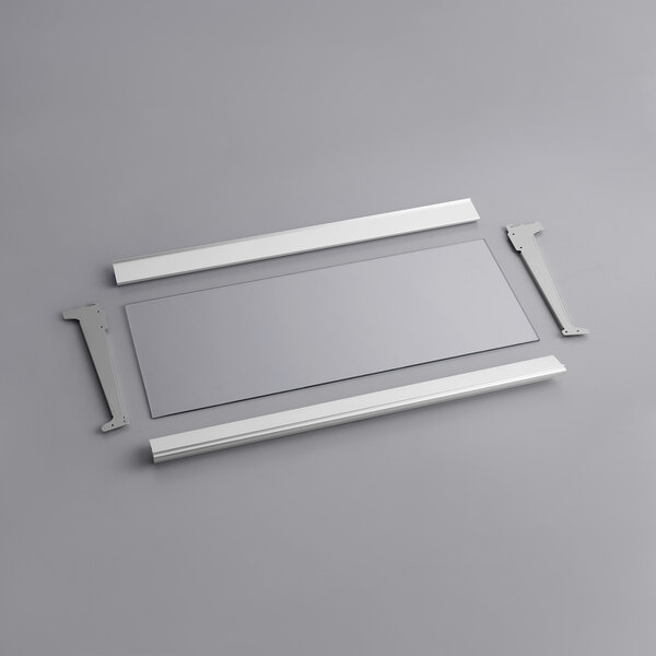 A white rectangular shelf with metal parts.