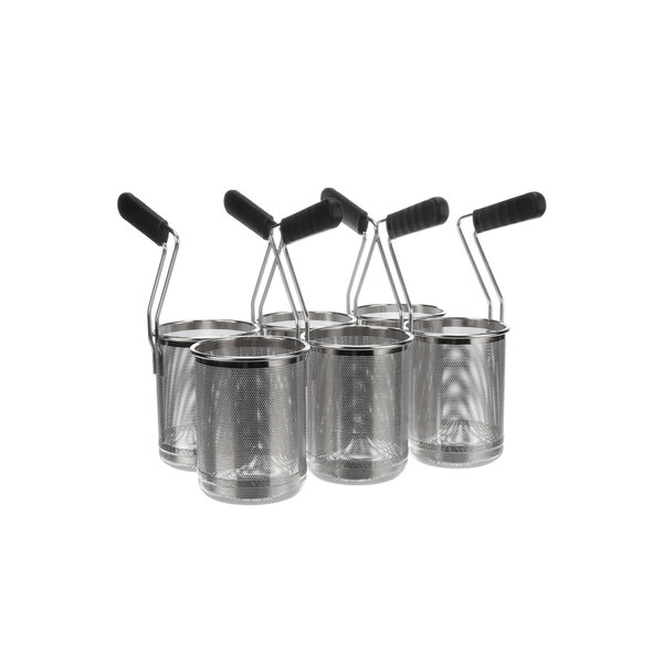 Four stainless steel mesh baskets with black handles.