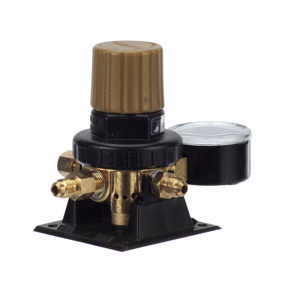 A black and gold Lancer wall mount soda valve.