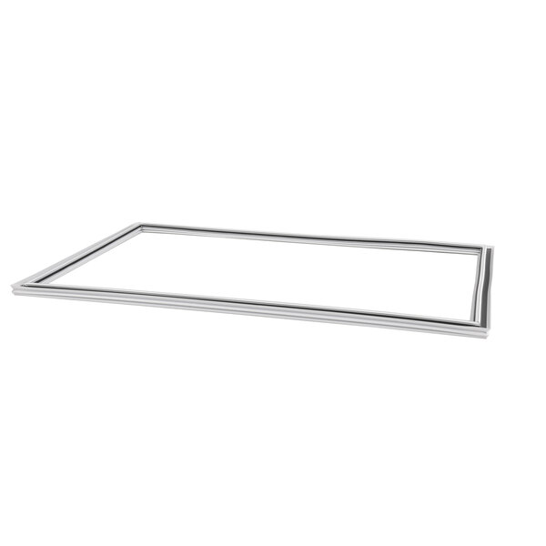 A rectangular silver metal frame with a white background.