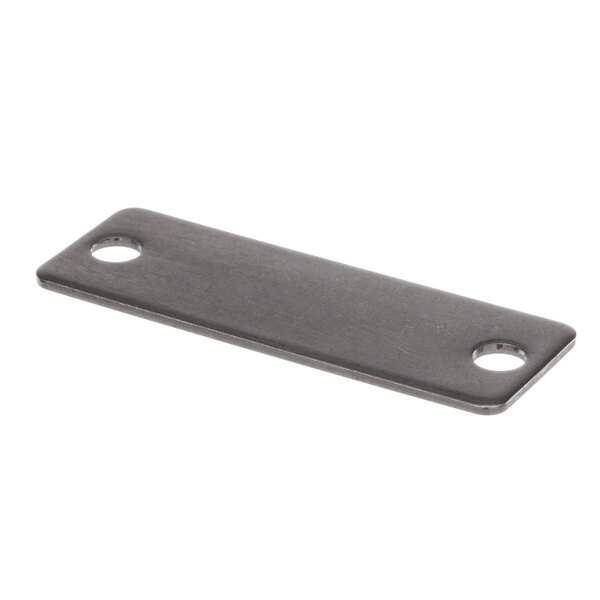 A rectangular metal plate with two holes in it.