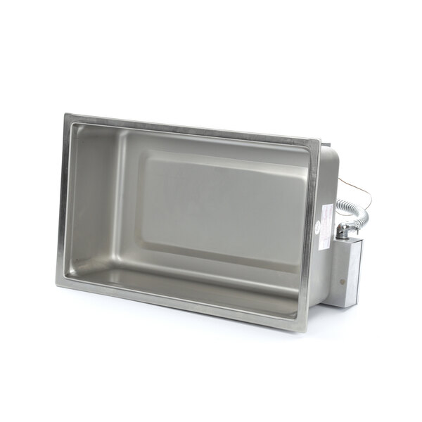 A stainless steel rectangular metal container with a lid in a metal frame.
