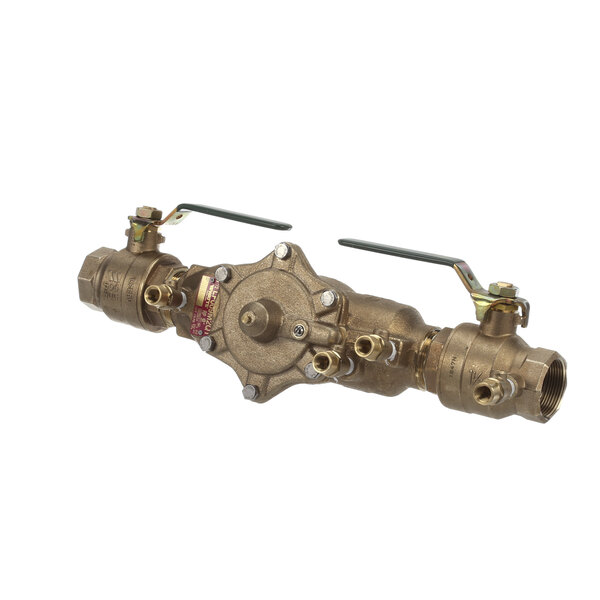 A brass Gaylord back flow preventer valve with two handles.