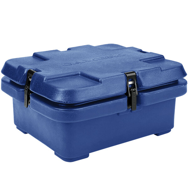A navy blue plastic box with black handles.