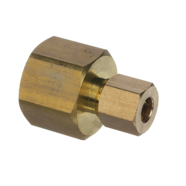 A Lancer brass threaded pipe fitting with a brass nut.