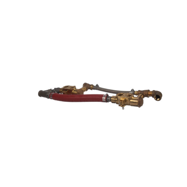 A Market Forge steam and exhaust hose with red and gold handles.