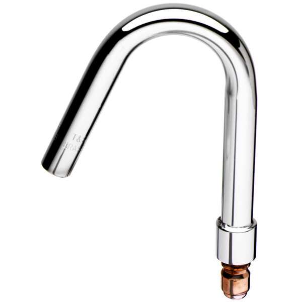 A chrome pre-rinse faucet with a silver and copper T&S quick connect hook nozzle.