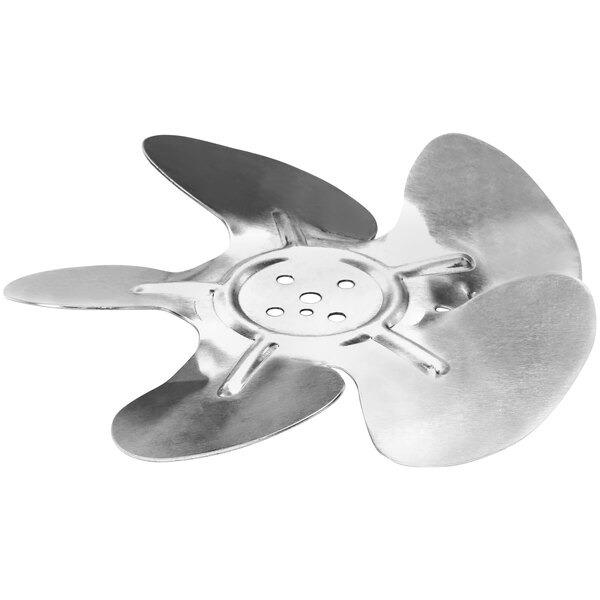 A silver metal Hussmann fan blade with four blades.