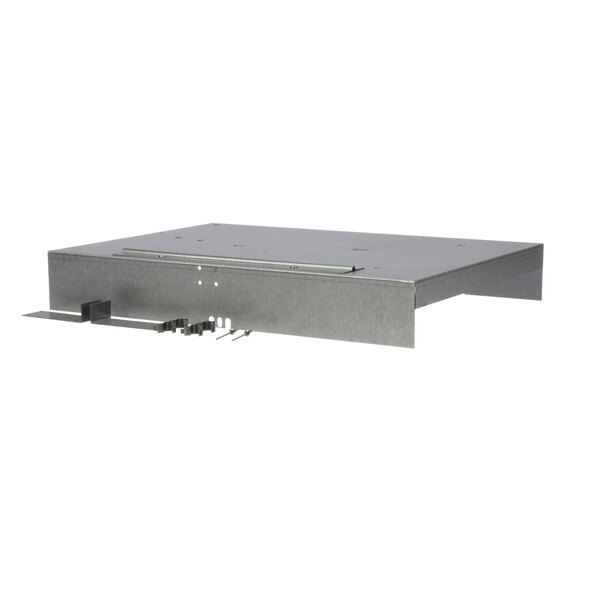 A metal shelf with a metal rectangular pan on top.