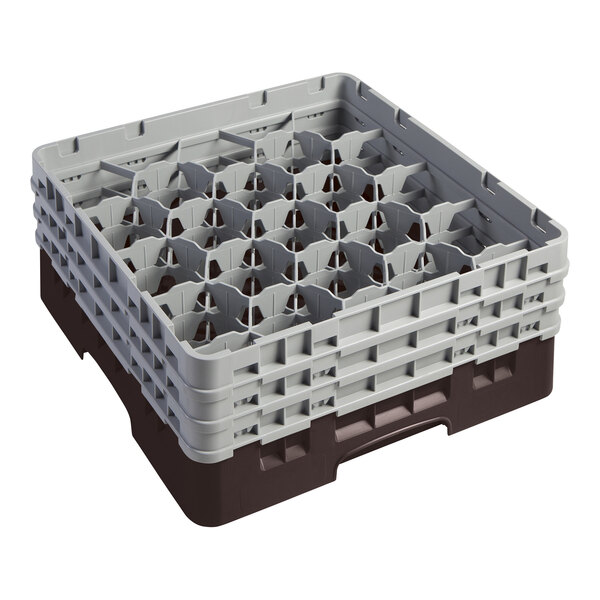 A brown plastic Cambro glass rack with extenders.