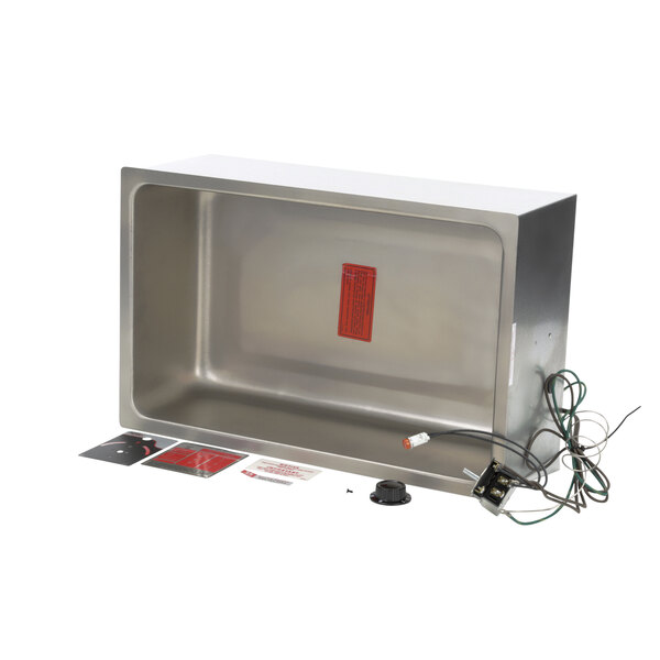 A stainless steel metal box with a red and black label and wires.