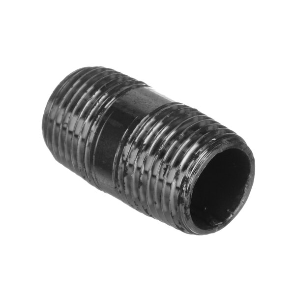 A black threaded pipe fitting.