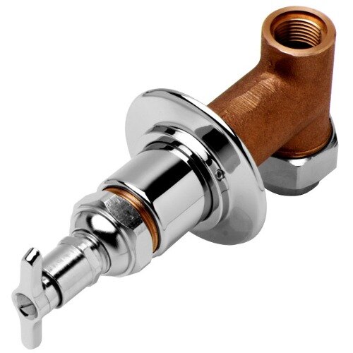 A chrome plated T&S water valve with a brass handle on a copper pipe.