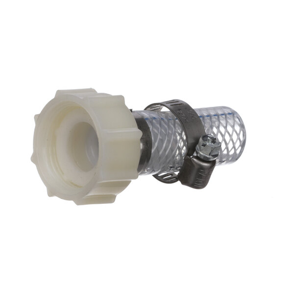 A white plastic manifold adapter with a white plastic tube connector.