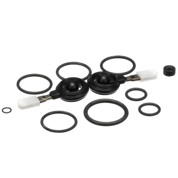 A close-up of black rubber seals and o-rings for a Cornelius SF1 valve kit.