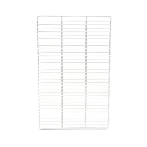 A white wire shelf with a grid pattern on a white background.