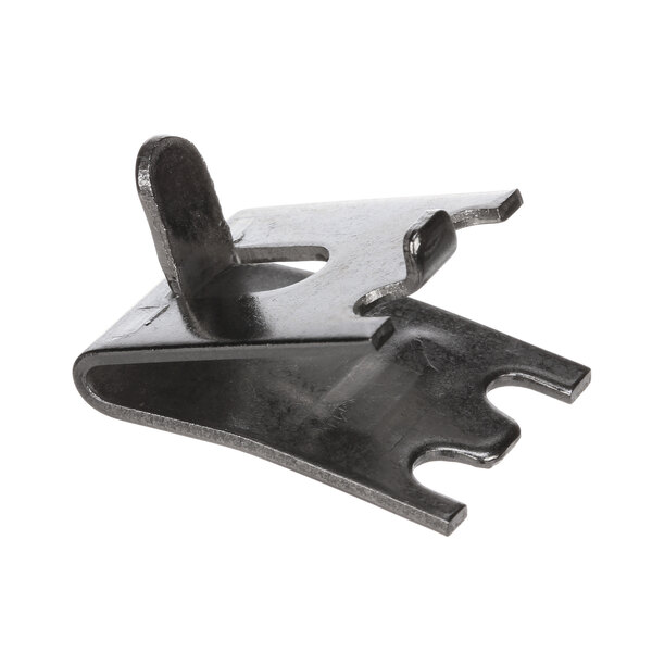 A black metal Component Hardware shelf support clip with a hole.