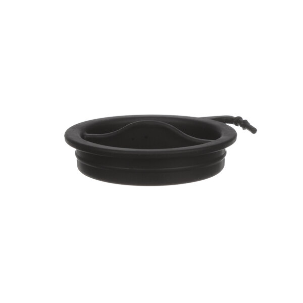 A black plastic lid with a round black handle.
