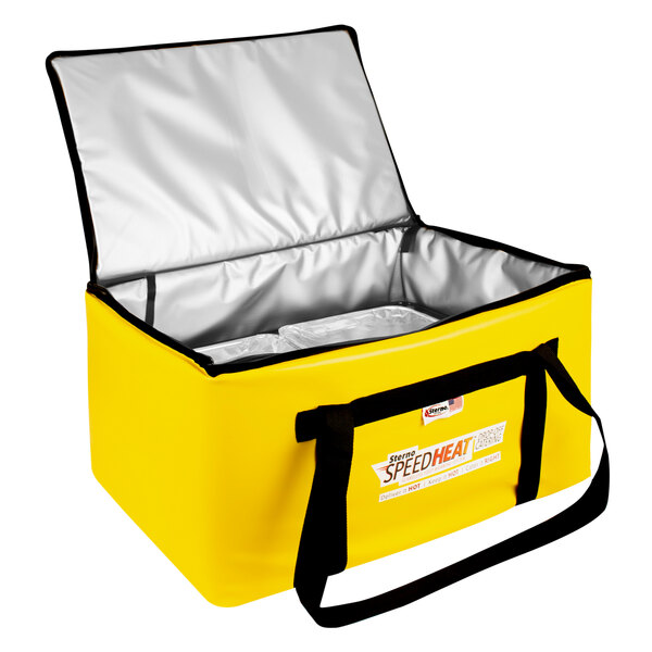 A yellow Sterno SpeedHeat insulated food pan carrier bag with black straps and a zipper.