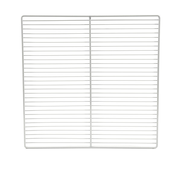 A white wire mesh shelf with a grid pattern.