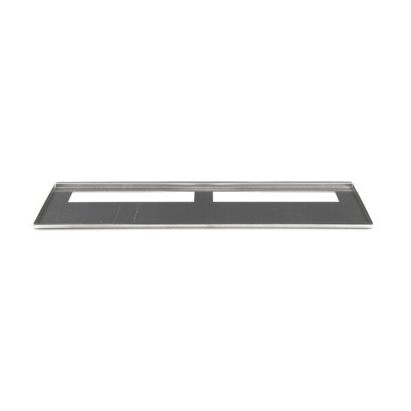 A rectangular metal pan with a metal frame.