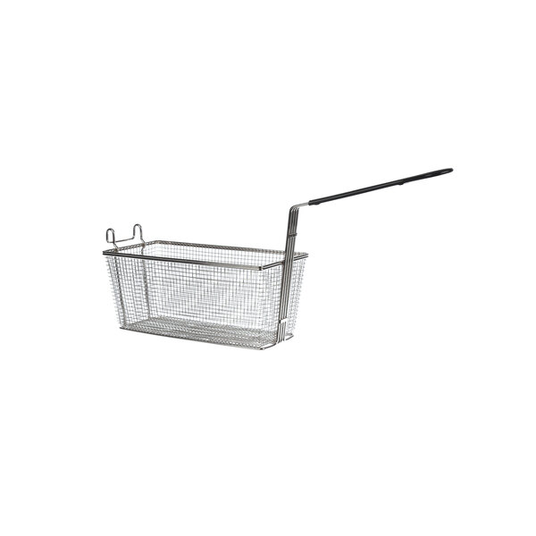 An Ultrafryer Systems wire basket with a handle.