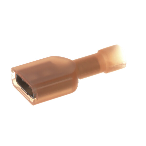 A brown Hobart straight terminal connector with a small hole in it.