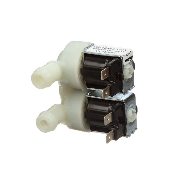 A close-up of two white Alto-Shaam solenoid valves.