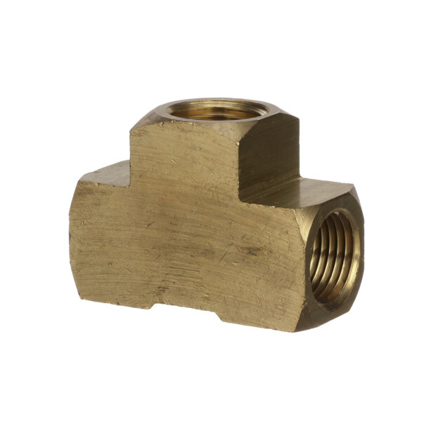 A brass Edlund F025 brass tee fitting with a nut on it.