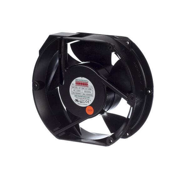 A black industrial fan with a white label.