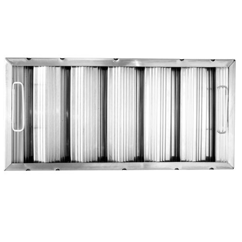 A close-up of a stainless steel rectangular hood filter with ridged baffles.