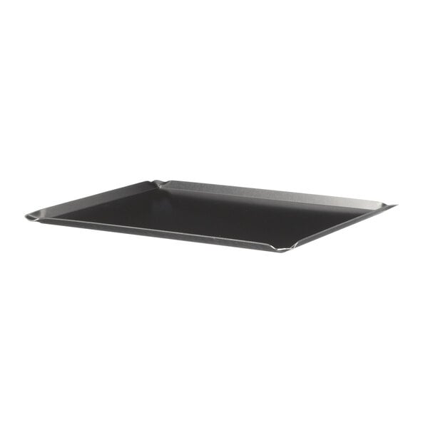 A black rectangular tray with a silver handle on it.