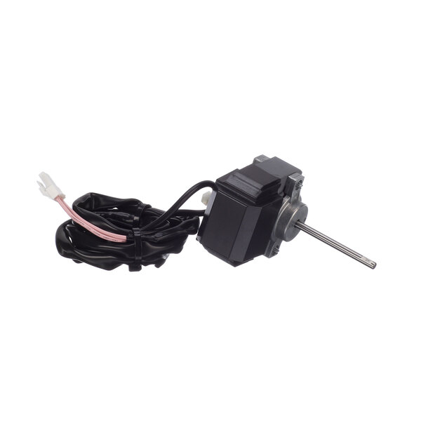 A small black electric motor with wires attached, including a black and pink cable.