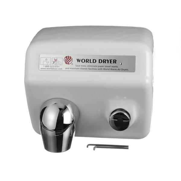 A white plastic container with two knobs for a World Dryer hand dryer.