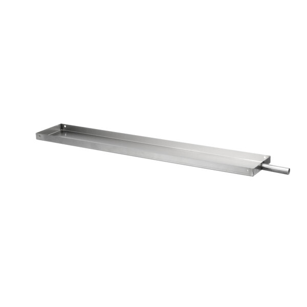 A stainless steel rectangular drain pan with a metal handle.