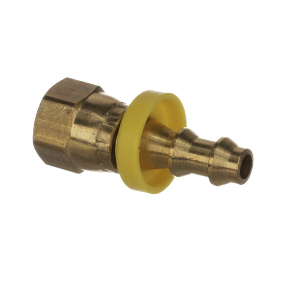 A stainless steel hose swivel fitting with brass threading and a yellow rubber end.