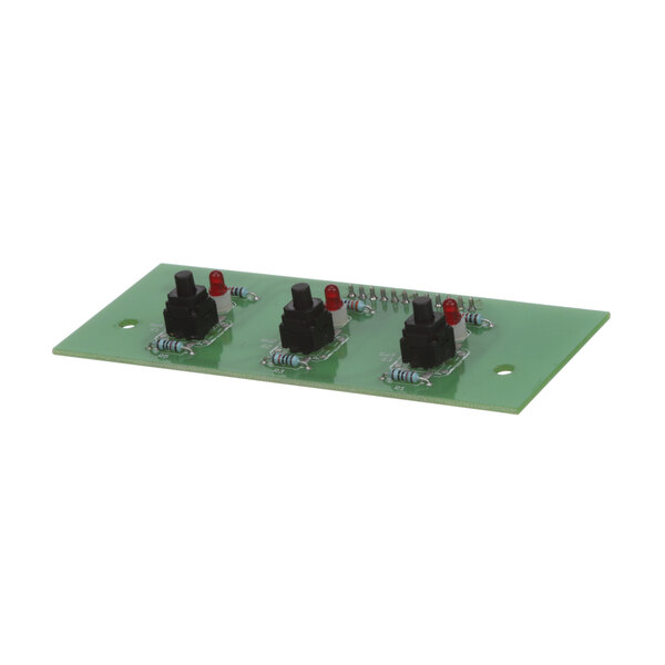 A green circuit board with three red lights.