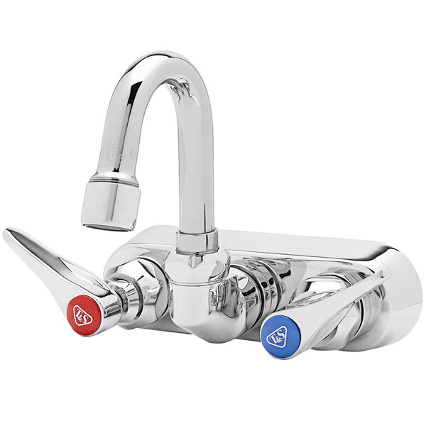 A T&S chrome wall mount faucet with blue and red handles.