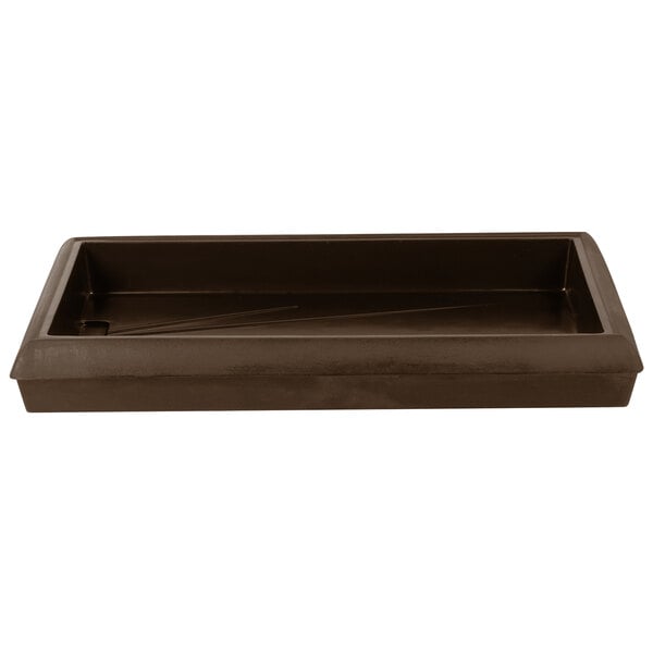A brown rectangular tabletop food/salad bar with a lid on a counter.