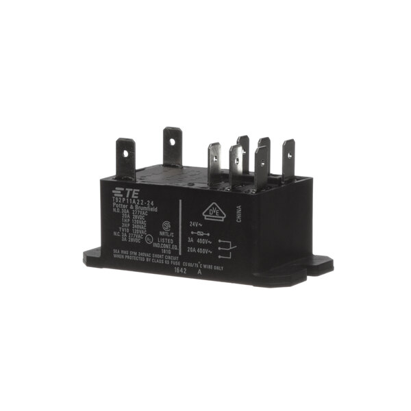 A black Aaon blower relay with four metal terminals and white text on it.
