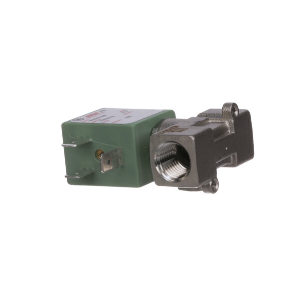 A close-up of a green and white Doyon Baking Equipment solenoid valve.