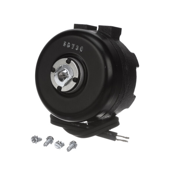 A black round Qbd condenser fan motor with screws.