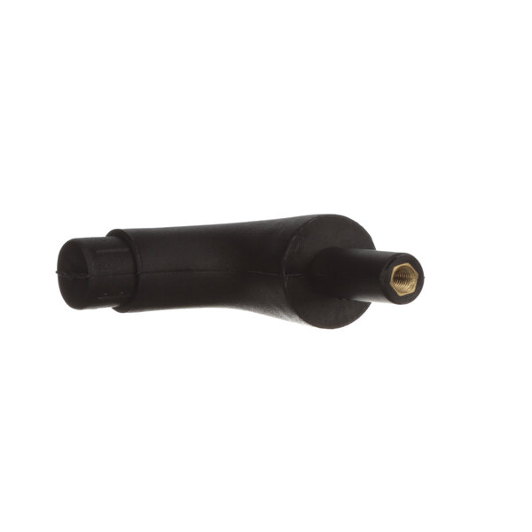 A black plastic elbow with a metal end on a white background.