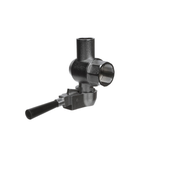 A black metal Vollrath drain valve assembly with a handle.