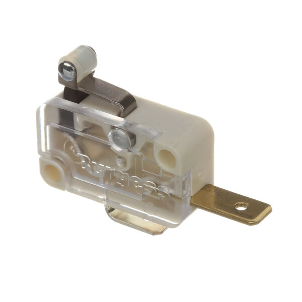 A close-up of a white plastic Hobart switch with a metal connector.