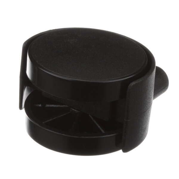 A black circular Rubbermaid caster with a black handle.