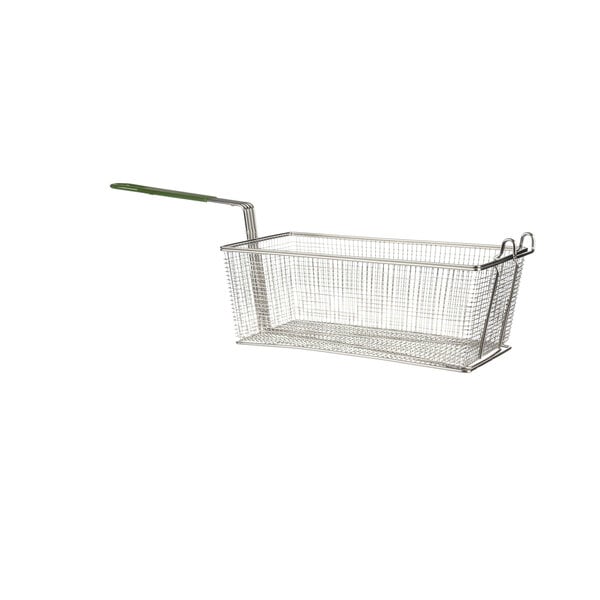 A Prince Castle Frequent Fryer wire basket with a green plastisol handle.