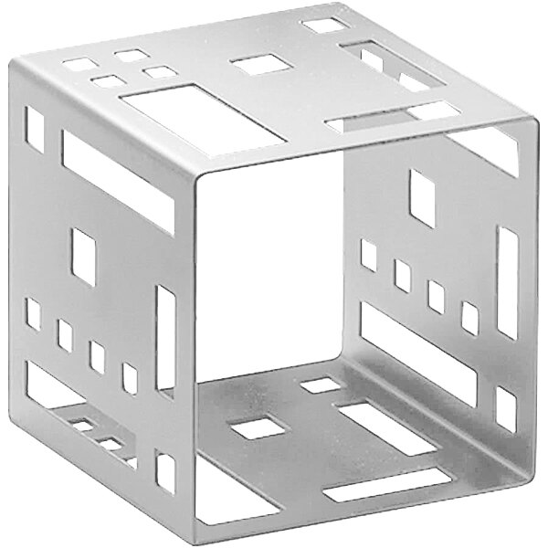 A stainless steel cube with holes in it.