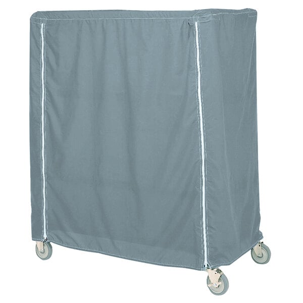 A mariner blue vinyl cover for a rectangular cart with wheels.
